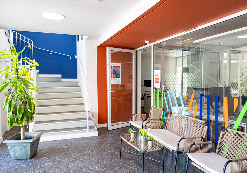 Espace d'accueil avec escalier, fauteuils en rotin colorés et plante verte