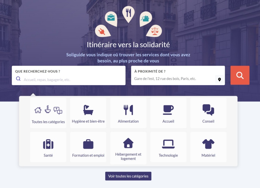 Capture d'écran de la page d'accueil du site Soliguide